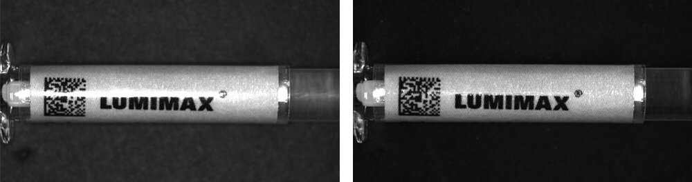 Comparison | Reflective label on a syringe in reflected light and polarised reflected light